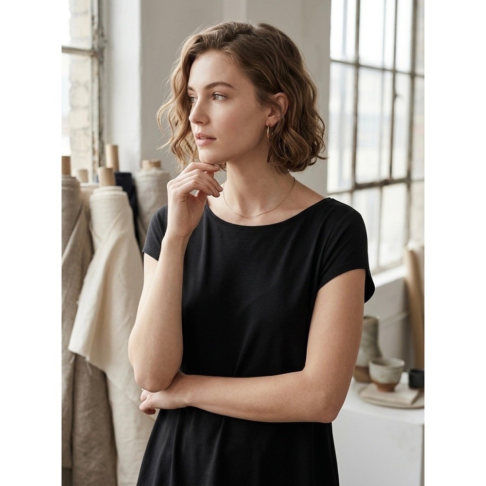 Eileen Fisher Black Tencel Lyocell Ballet Neck Cap Sleeve Top XL F19AJ0
